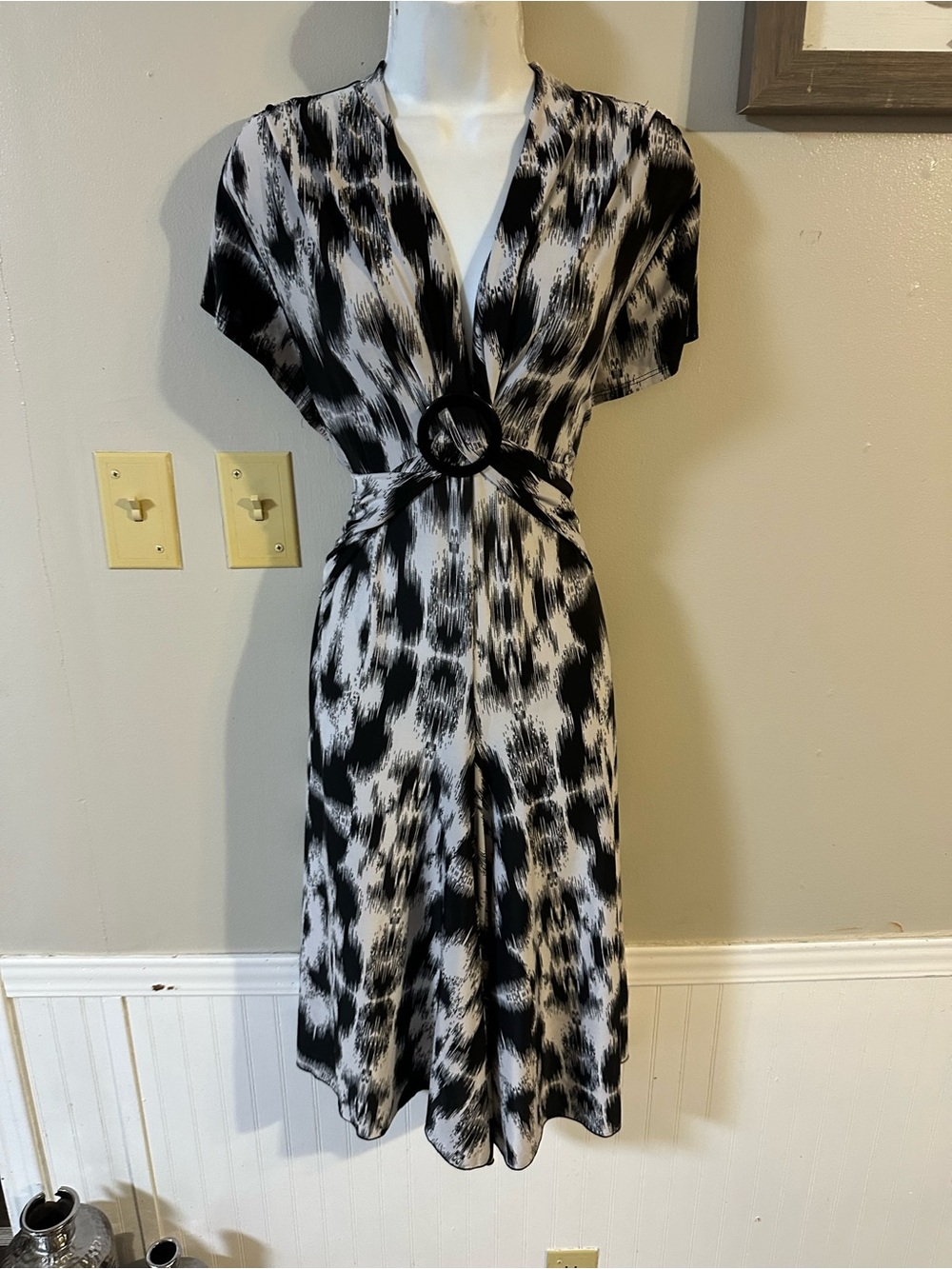 Black & White Printed Wrap Dress with Ring Detail